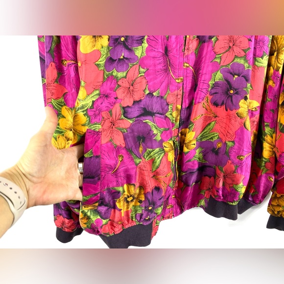 1980’s Vintage Silk Bomber Jacket Floral Vibrant Colourful Novelty Shoulder Pads - Picture 7 of 12